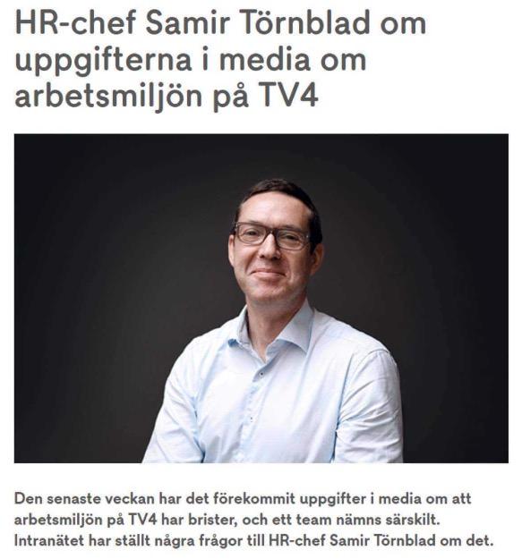 Skärmdump av artikeln på TV4:s intranät.