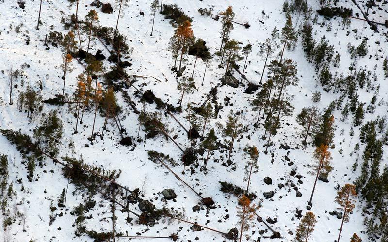 Aftonbladets flygbilder visar tydligt stormens förödelse i Hassela i Gävleborgs län.