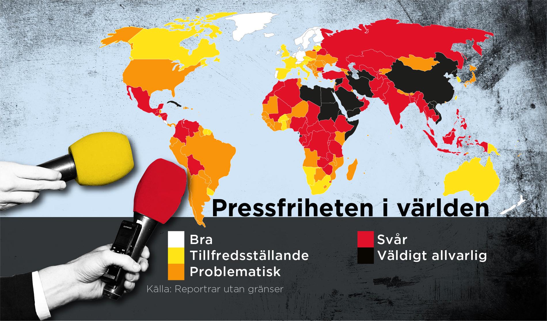 Karta som beskriver pressfriheten i världen.