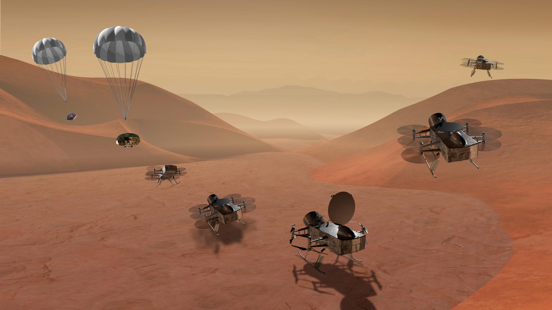 En illustration av hur Nasas drönarlika robot ska kunna landa och sedan flyga vidare på Titan. Bilden har tagits fram av en illustratör och distribuerats av Nasa.
