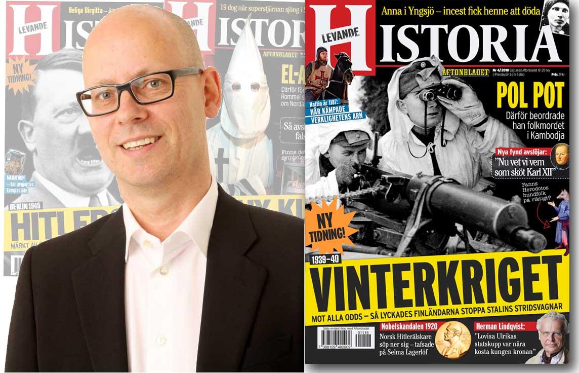 Redaktör Åke Persson med nummer 4 av tidningen Levande Historia.