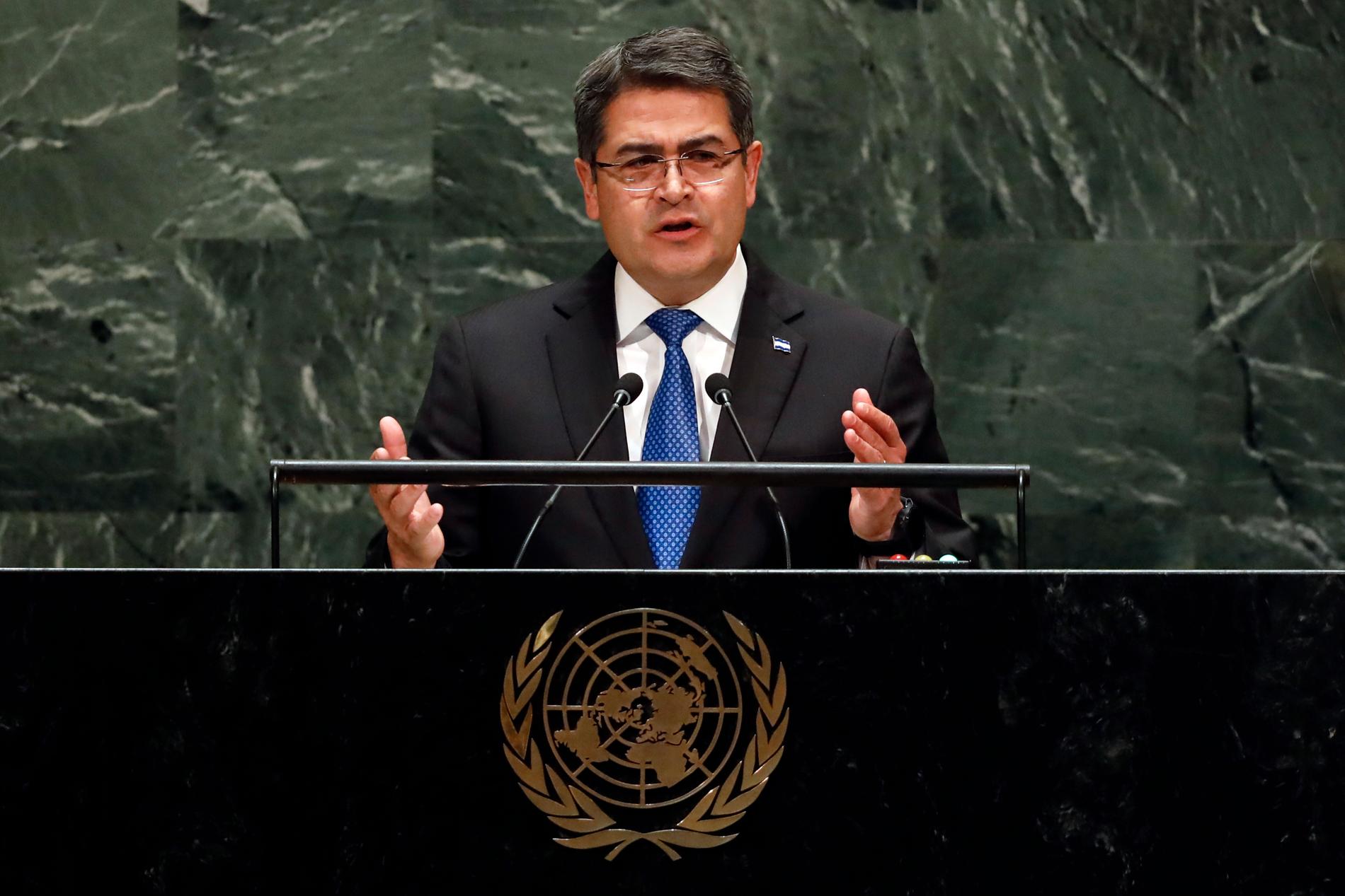 Formellt har Honduras president Juan Orlando Hernández i nuläget inte anklagats för brott. Bild från när han i förra veckan besökte USA och talade i FN:s generalförsamling.