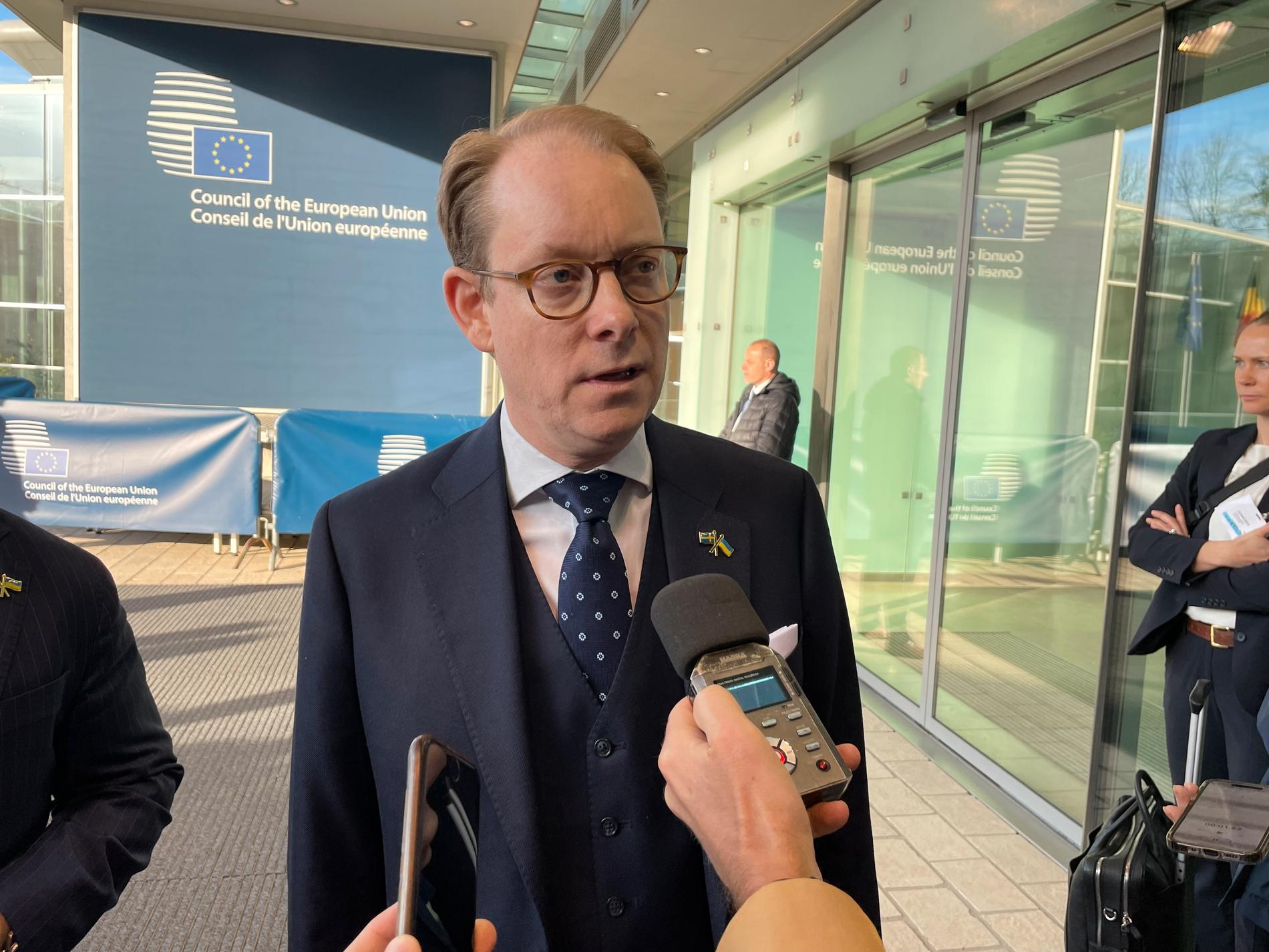 Utrikesminister Tobias Billström på väg in till måndagens EU-möte i Luxemburg.
