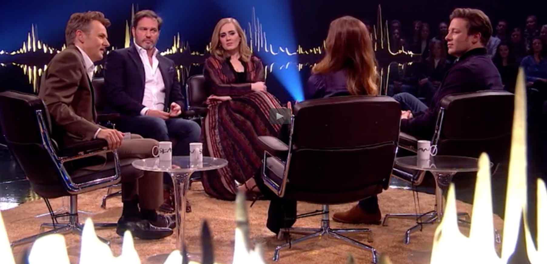 Fredrik Skavlan, Chris O'Neill, Adele, Madeleine och Jamie Oliver i SVT:s ”Skavlan”.