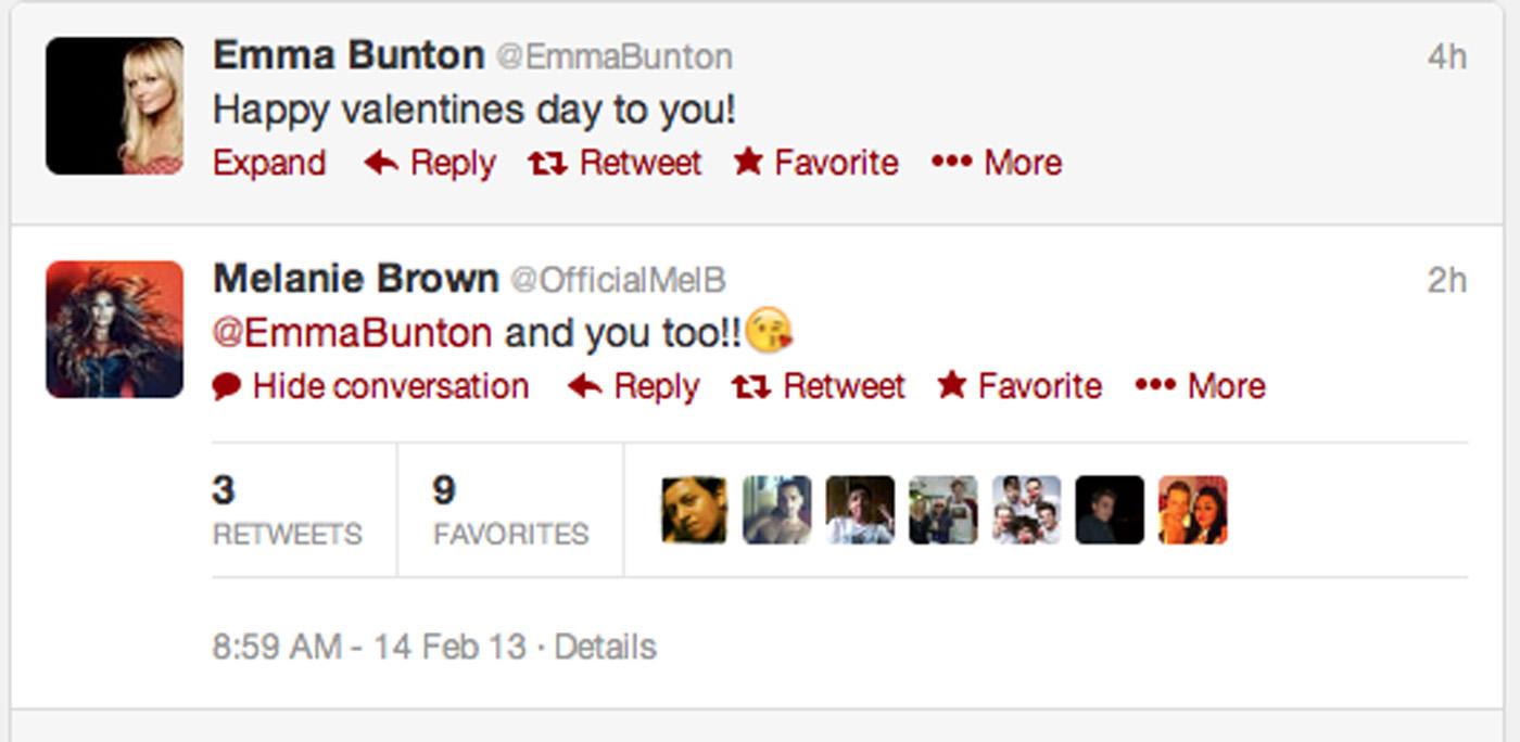 De forna Spice Girls-tjejerna Emma Bunton och Mel B önskar varandra glad Alla hjärtans dag på Twitter.
