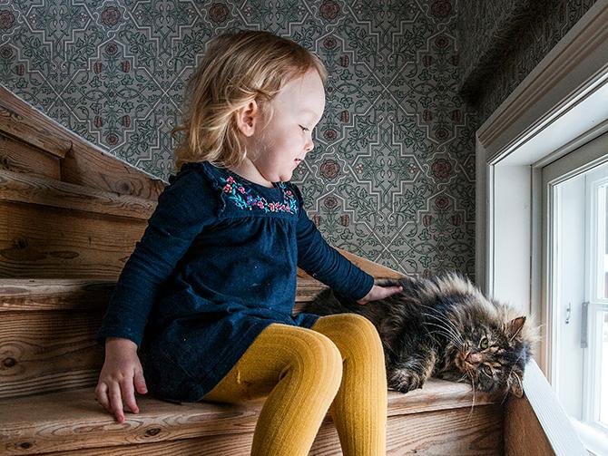 Wera och katten Stisse i trappan, tapeten från Boråstapeter, serie Anno.