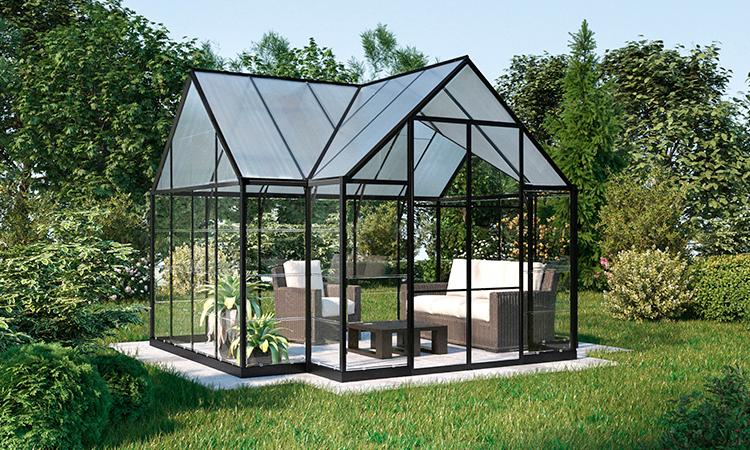 Växthus med takpanel gjord av 2-väggig polykarbonat Victory orangery, 305 × 365 cm, 17 995 kr, Palram applications, Hemfint.se.