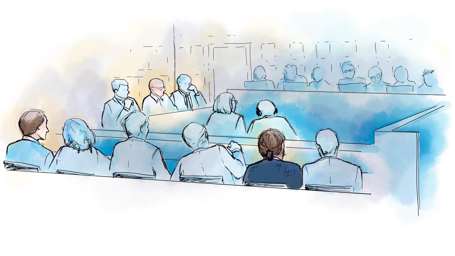 Teckning från huvudförhandlingen i Stockholms tingsrätt. Nu har målet förhandlats i hovrätten. Arkivbild.