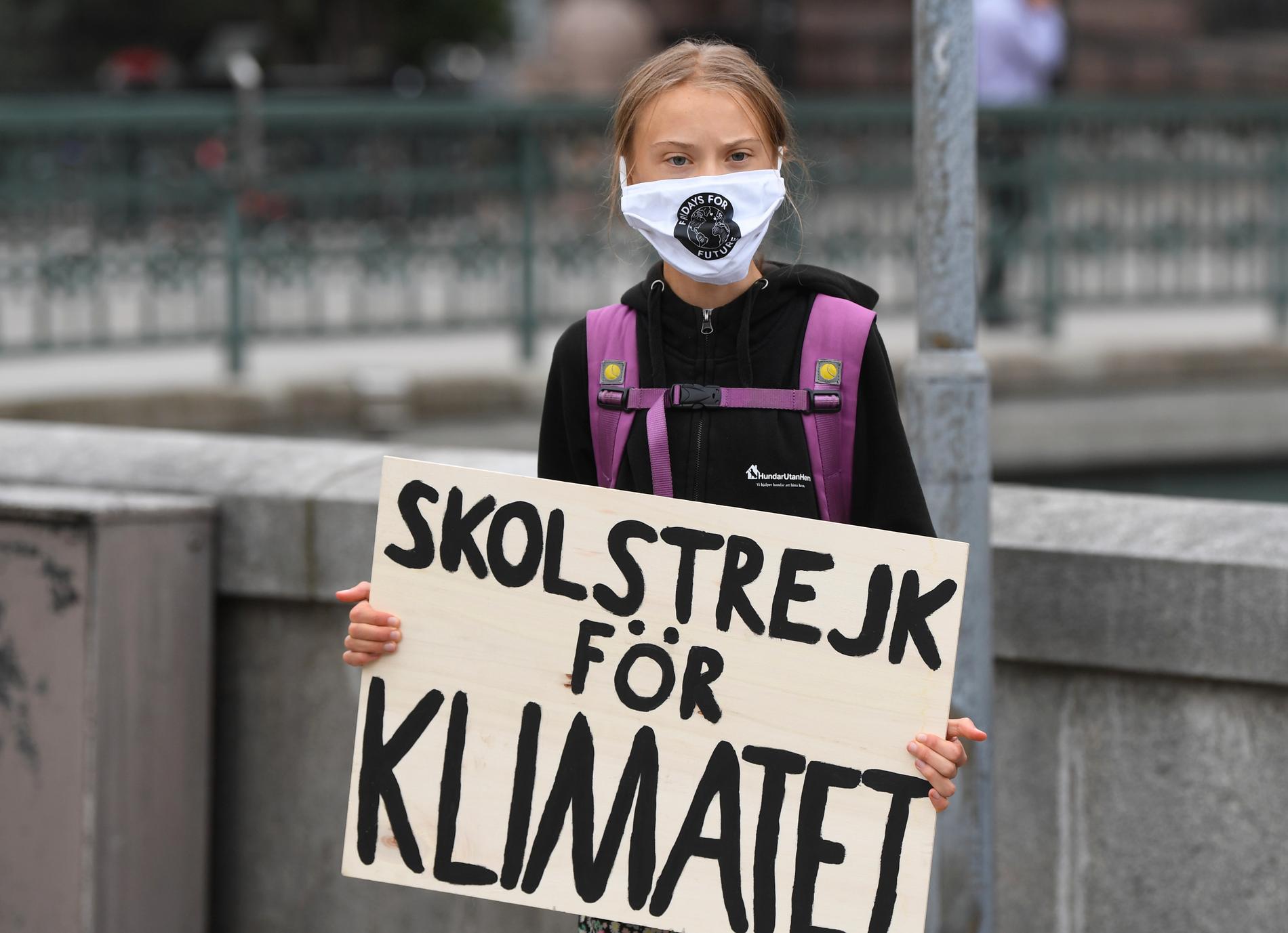 Greta Thunberg under fredagens skolstrejk för klimatet.