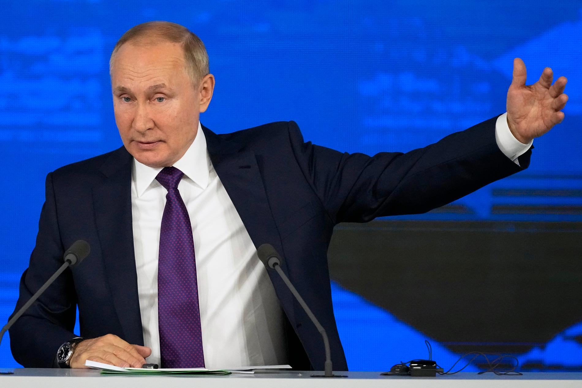 Rysslands president Vladimir Putin under sin årliga presskonferens i Moskva.
