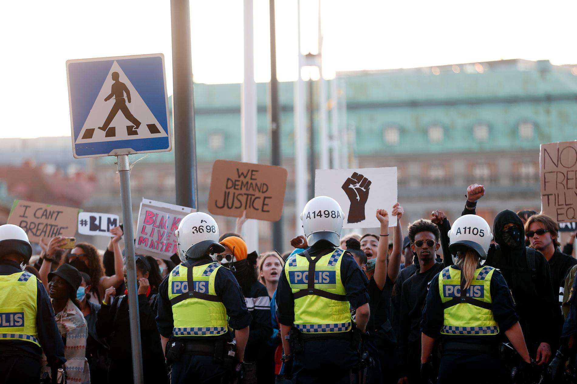 Poliser och demonstranter utanför kungliga slottet i Stockholm.