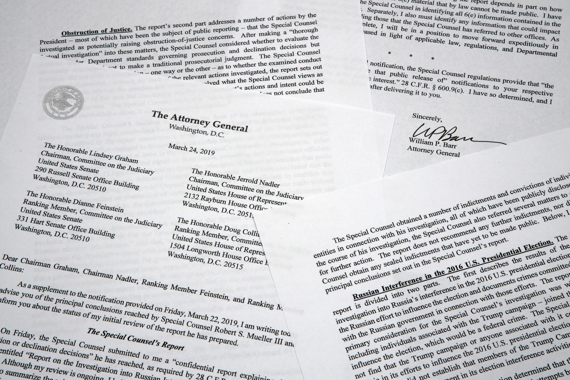 En kopia av brevet med sammanfattningen av den så kallade Rysslandsutredningen från USA:s justitieminister William Barr.