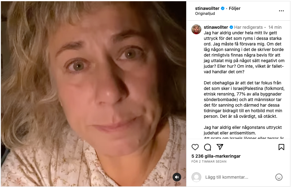 Stina Wollters försvarade sig på Instagram. 