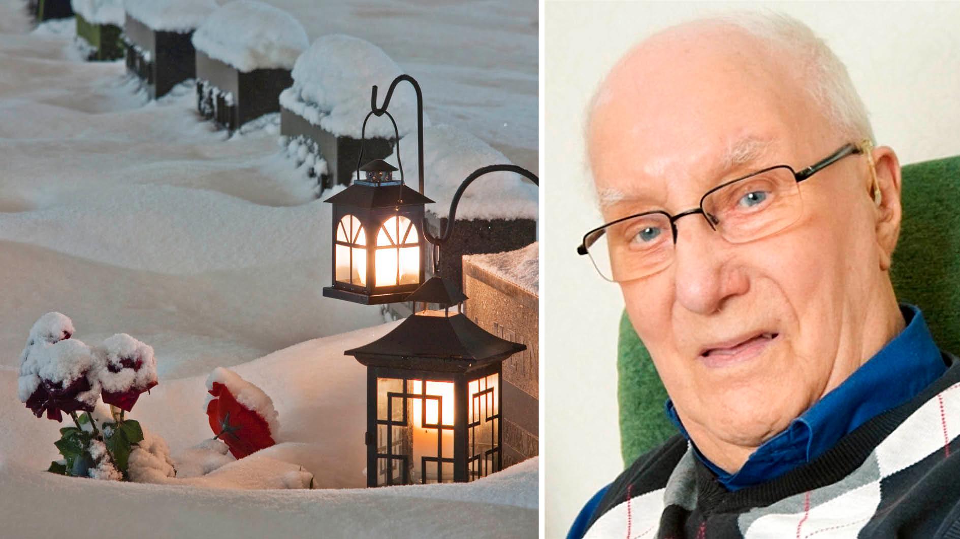 93-årige Olof Karlsson skulle tända ljus på Gerds grav när han föll och blev liggande.