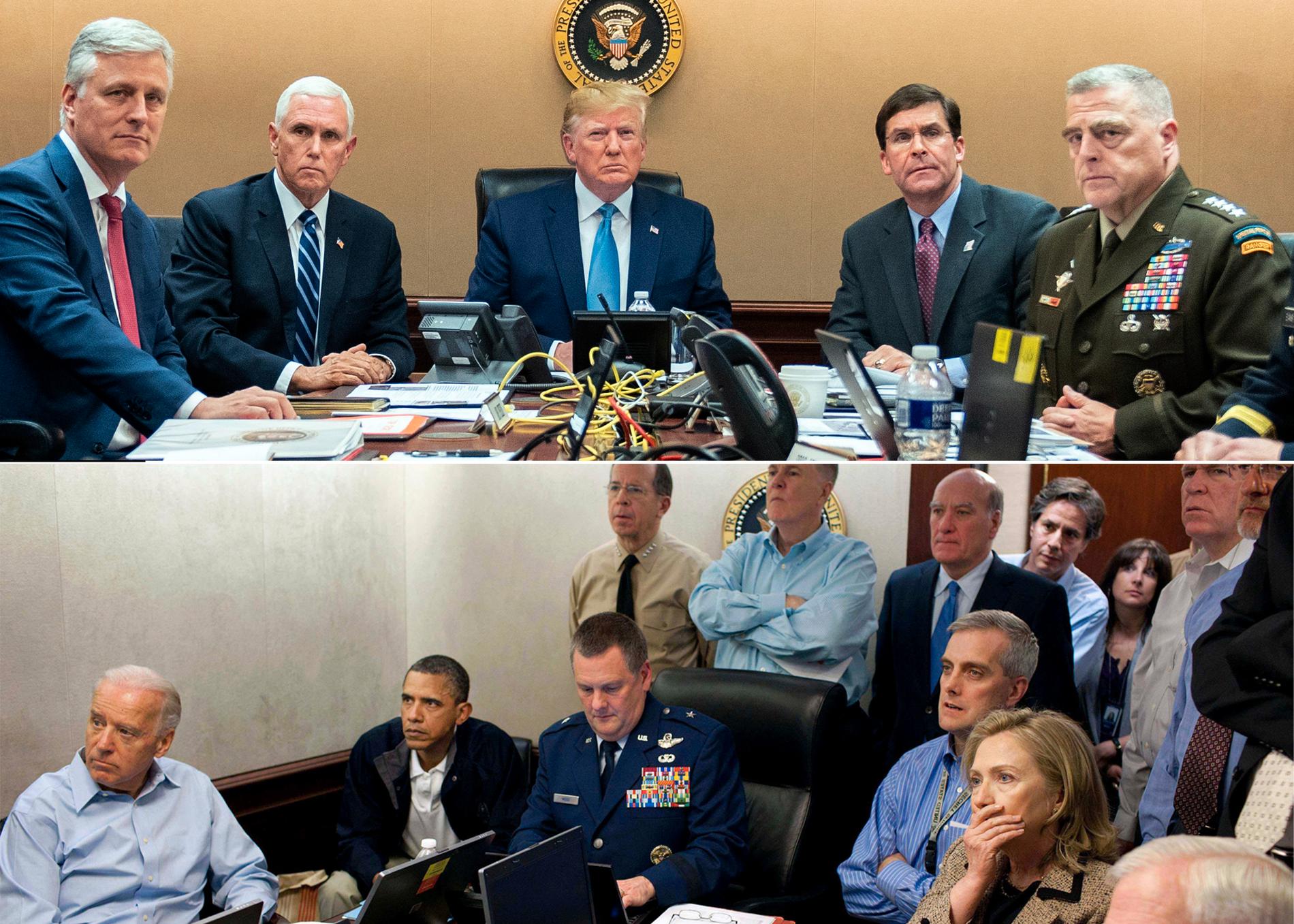 Ovan: Donald Trump med stab i Vita husets "situation room" under tillslaget mot Abu Bakr al-Baghdadi. Nedan: Barack Obama i samma rum under tillslaget mot Usama bin Ladin 2011. Arkivbild.