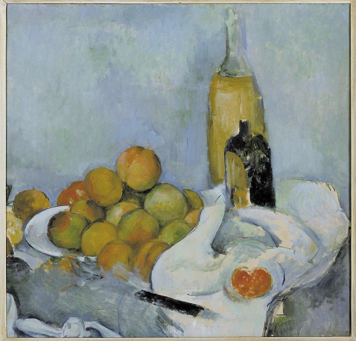 Paul Cézanne: ”Flaskor och persikor”, cirka 1890. Olja på duk. Stedelijk Museum, Amsterdam.