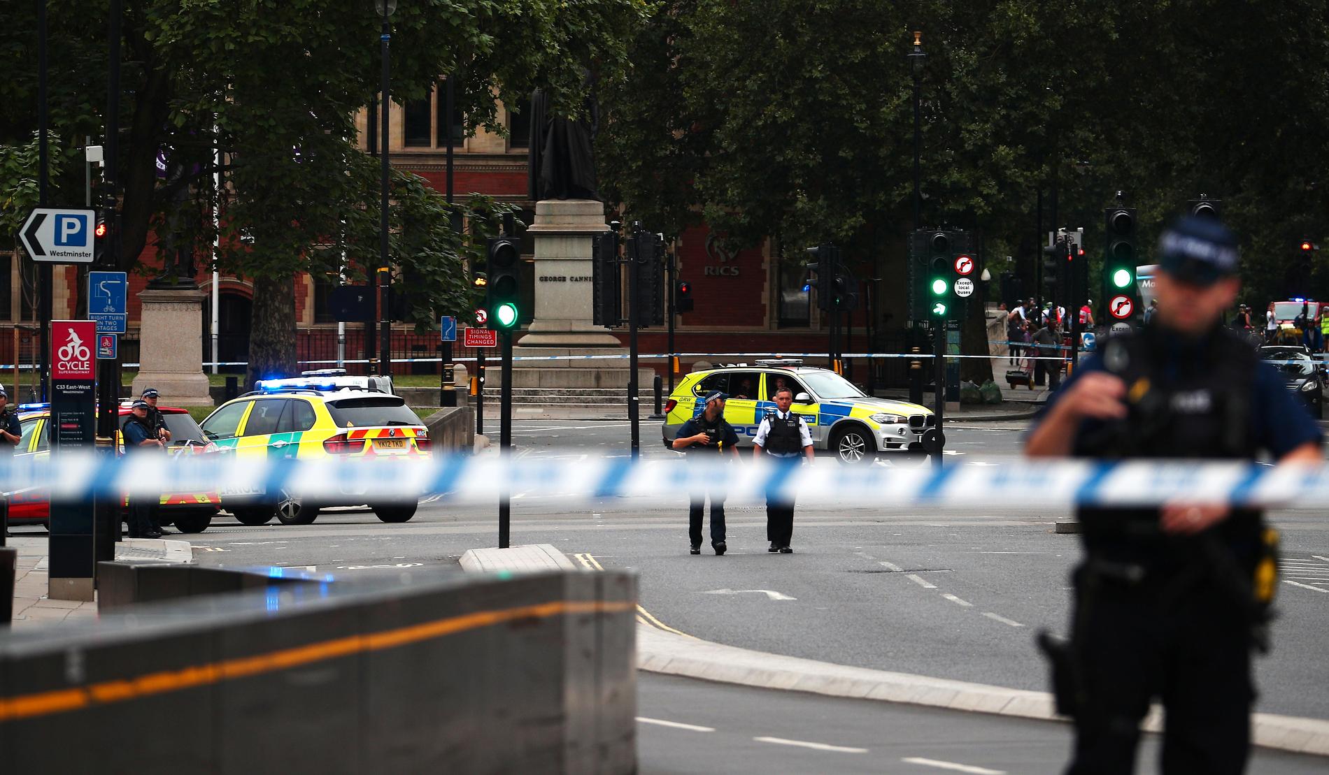 En man har gripits efter att ha kört in mot säkerhetsbarriärerna med en bil utanför parlamentet i London.