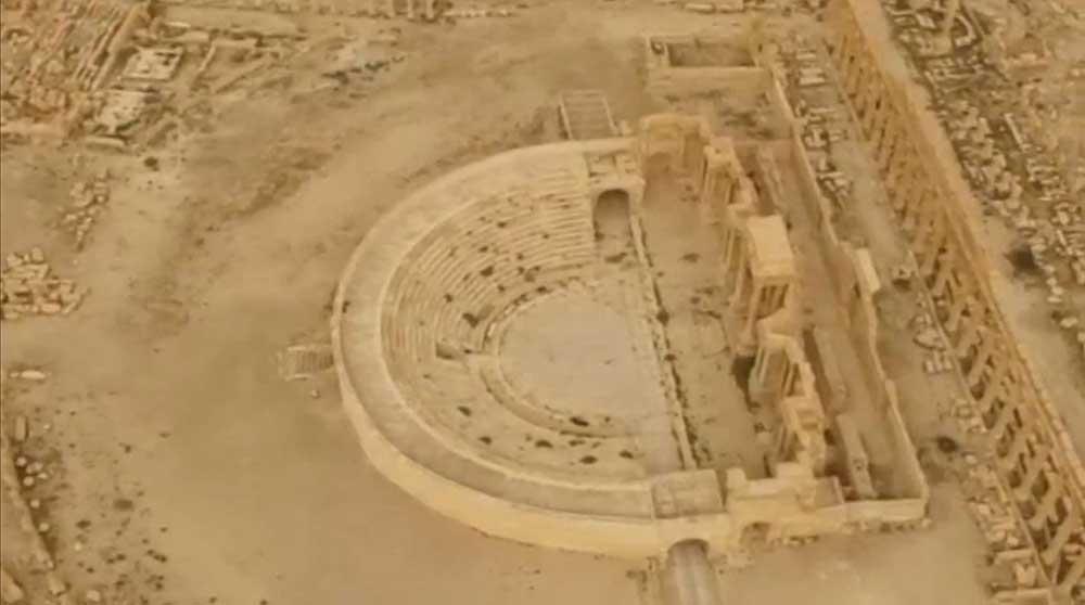 Drönarbild på amfiteatern i Palmyra.