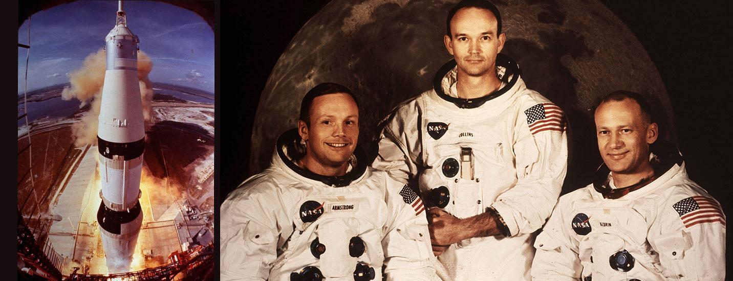 Besättningen på Apollo 11. Michael Collins mellan sina kollegor Neil Armstrong och Buzz Aldrin.
