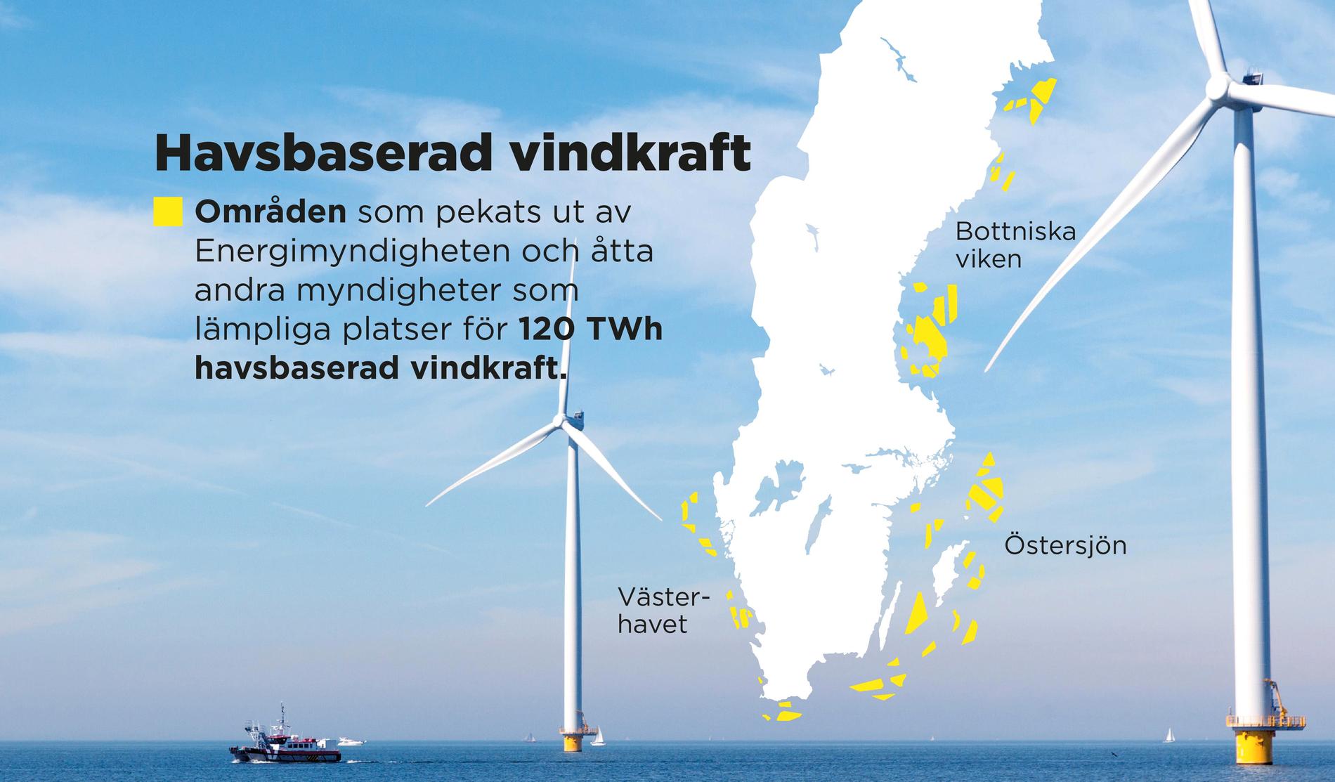 Områden som pekats ut av Energimyndigheten och åtta andra myndigheter som lämpliga platser för 120 TWh havsbaserad vindkraft.
