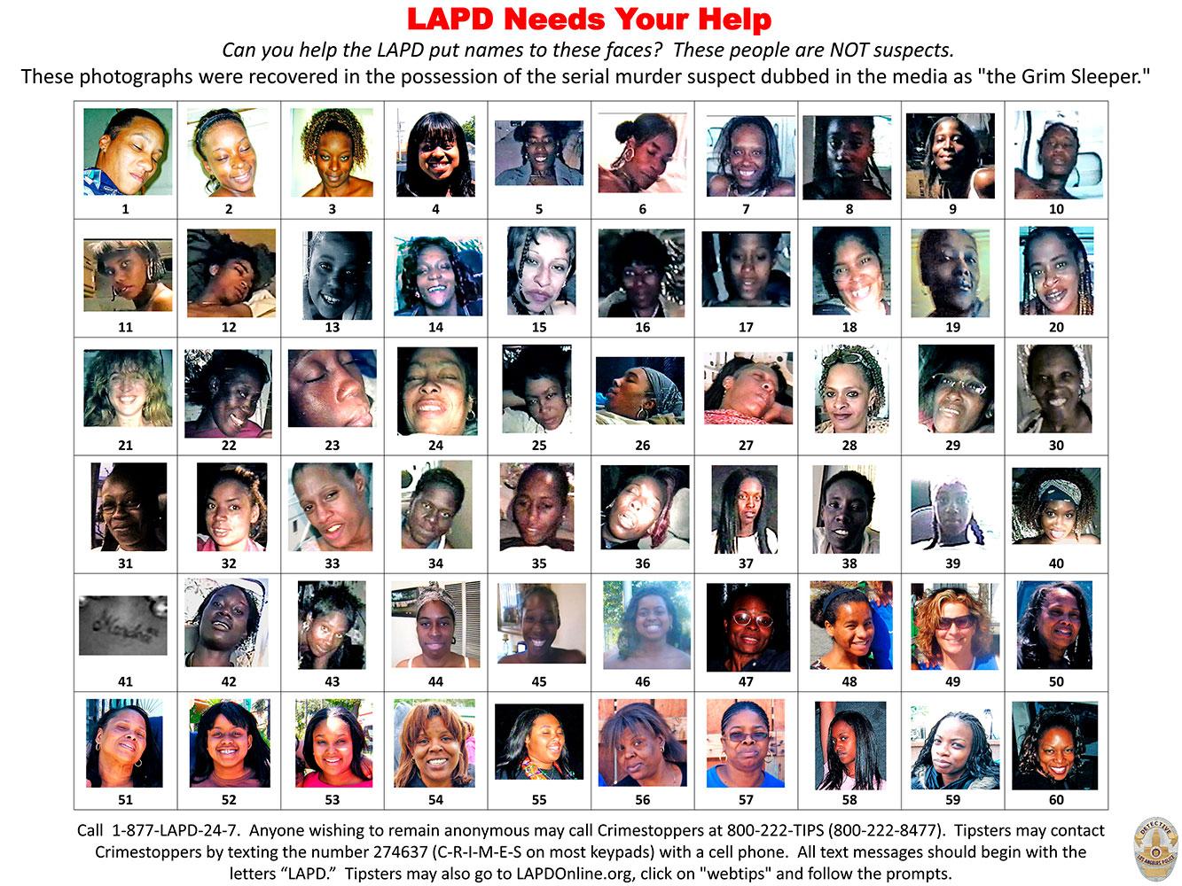Mängder av fotografier på kvinnor hittades hemma hos Lonnie Franklin Jr. Los Angeles-polisen har gått ut med bilderna för att få reda om kvinnorna saknas. Polisen tror att ”Grim sleeper” kan ha mördat 180 kvinnor.