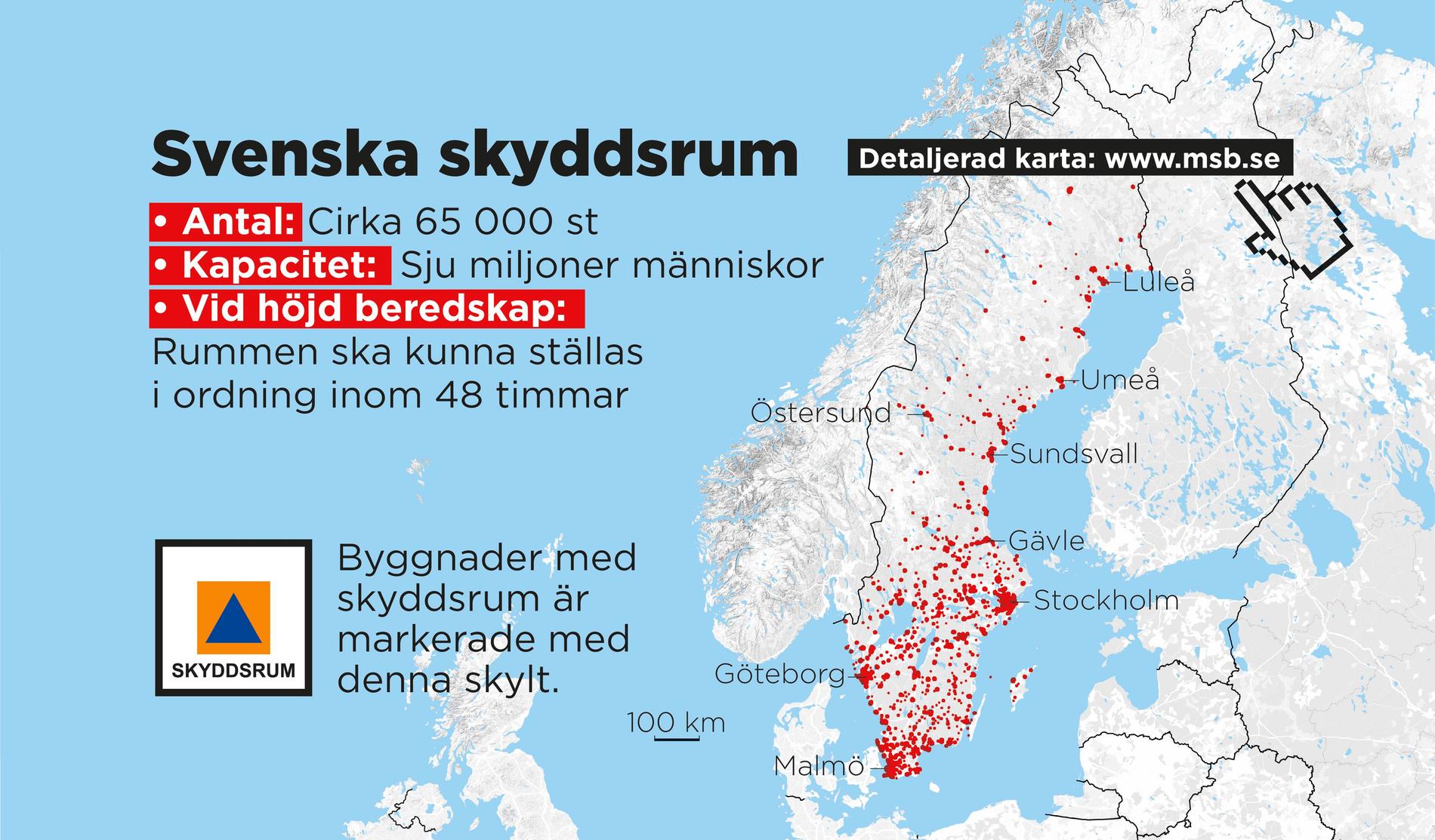Det finns i Sverige i dag cirka 65 000 skyddsrum med plats för sju miljoner individer.