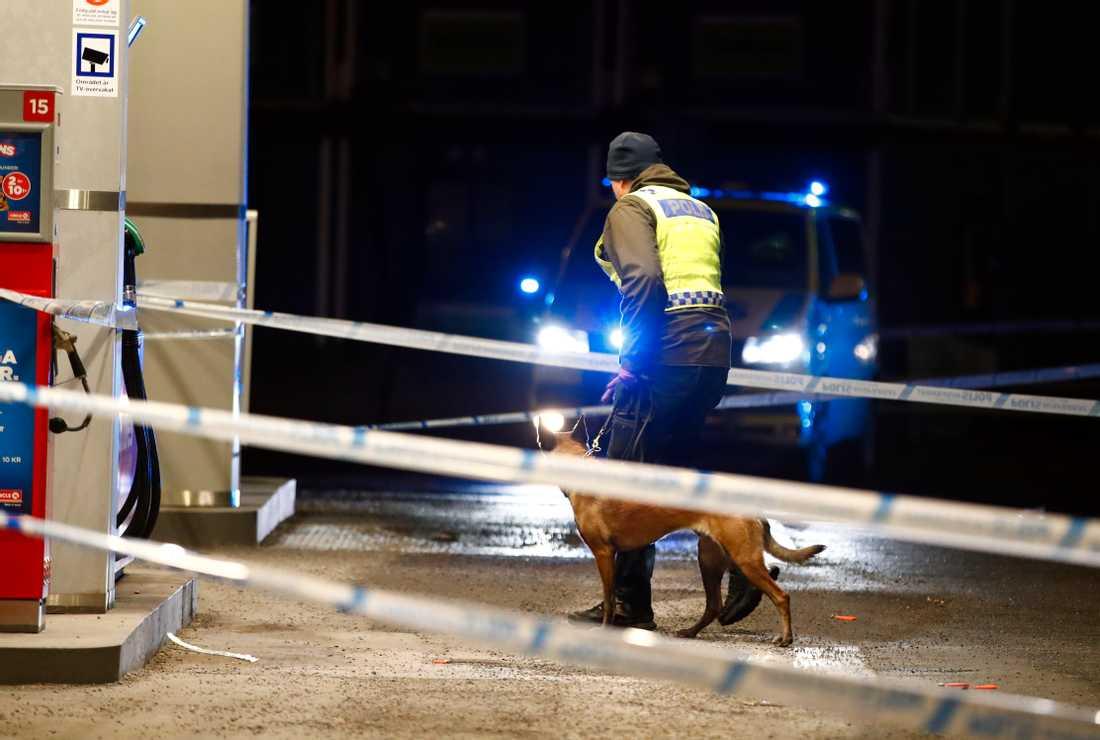 Polisen arbetar med sökhund efter en skjutning i Kungens kurva i Stockholm.