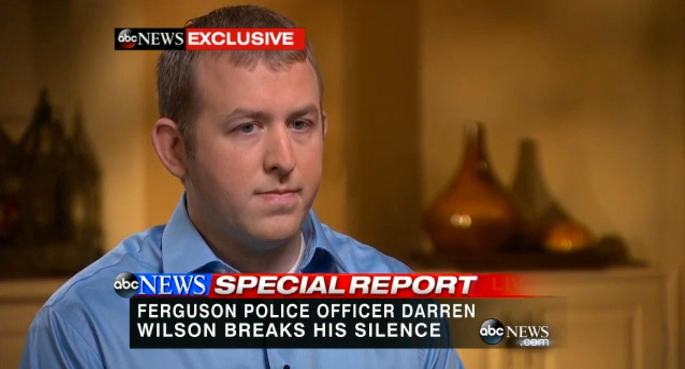 Polismannen Darren Wilson som sköt ihjäl Michael Brown, 18, intervjuades av amerikanska tv-kanalen ABC News.