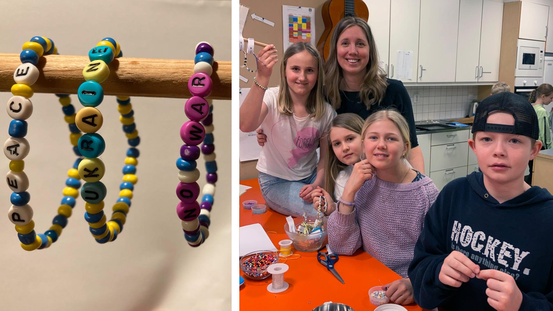 Barnen på Särö skola pärlade hundra armband som sålts till förmån för insamling till Unicef. Fritidspedagogen Sara Torstensson, 38, har hjälp till med arbetet.