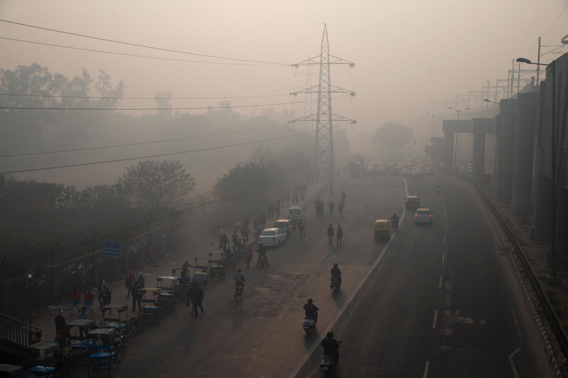 En morgon med smog i New Delhi i Indien. Arkivbild