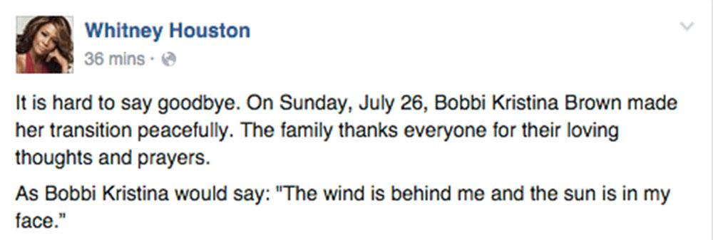 I ett känslosamt inlägg på Facebook hyllar familjen Bobbi Kristina.