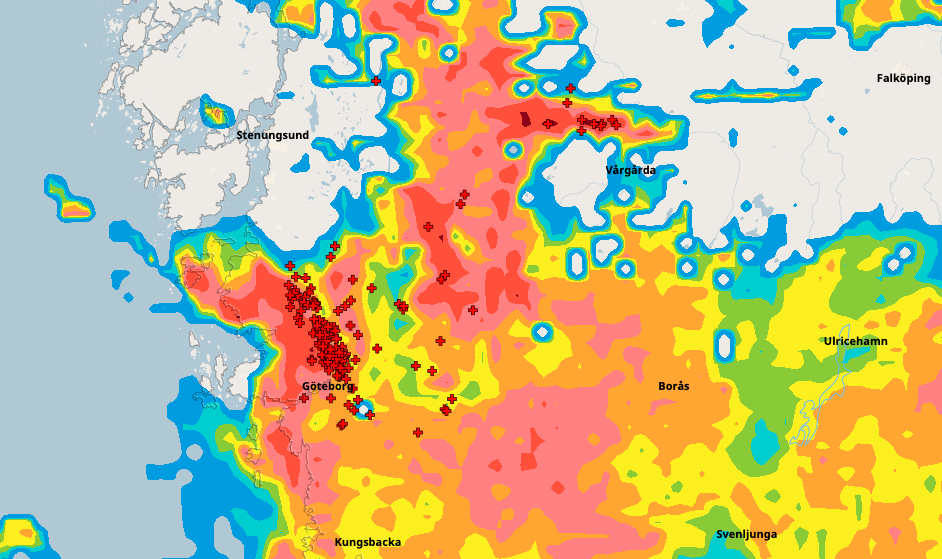 SMHI:s karta visar blixtar.