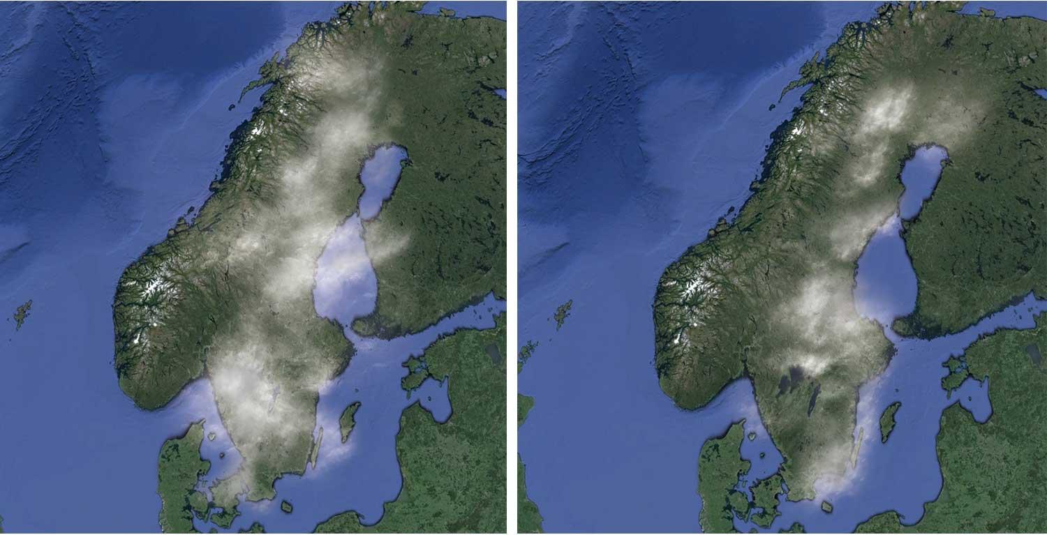 – Från att tidigare ha haft en molnighet på 80-90 procent (vänster) ser det ut att sjunka till 50-60 procent (höger). Framförallt gäller det Stockholm, men det ser ungefär likadant ut i resten av landet, säger Martin Hedberg, meteorolog på Vädercentralen.