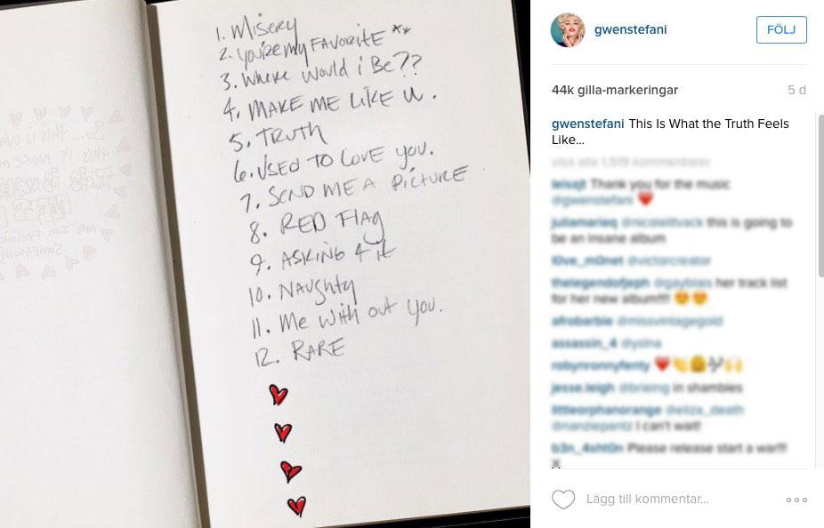 ”This is what the truth feels like” väntas nå marknaden i mars, men på Gwen Stefanis Instagram kan fansen redan nu se hur låtlistan kommer att se ut