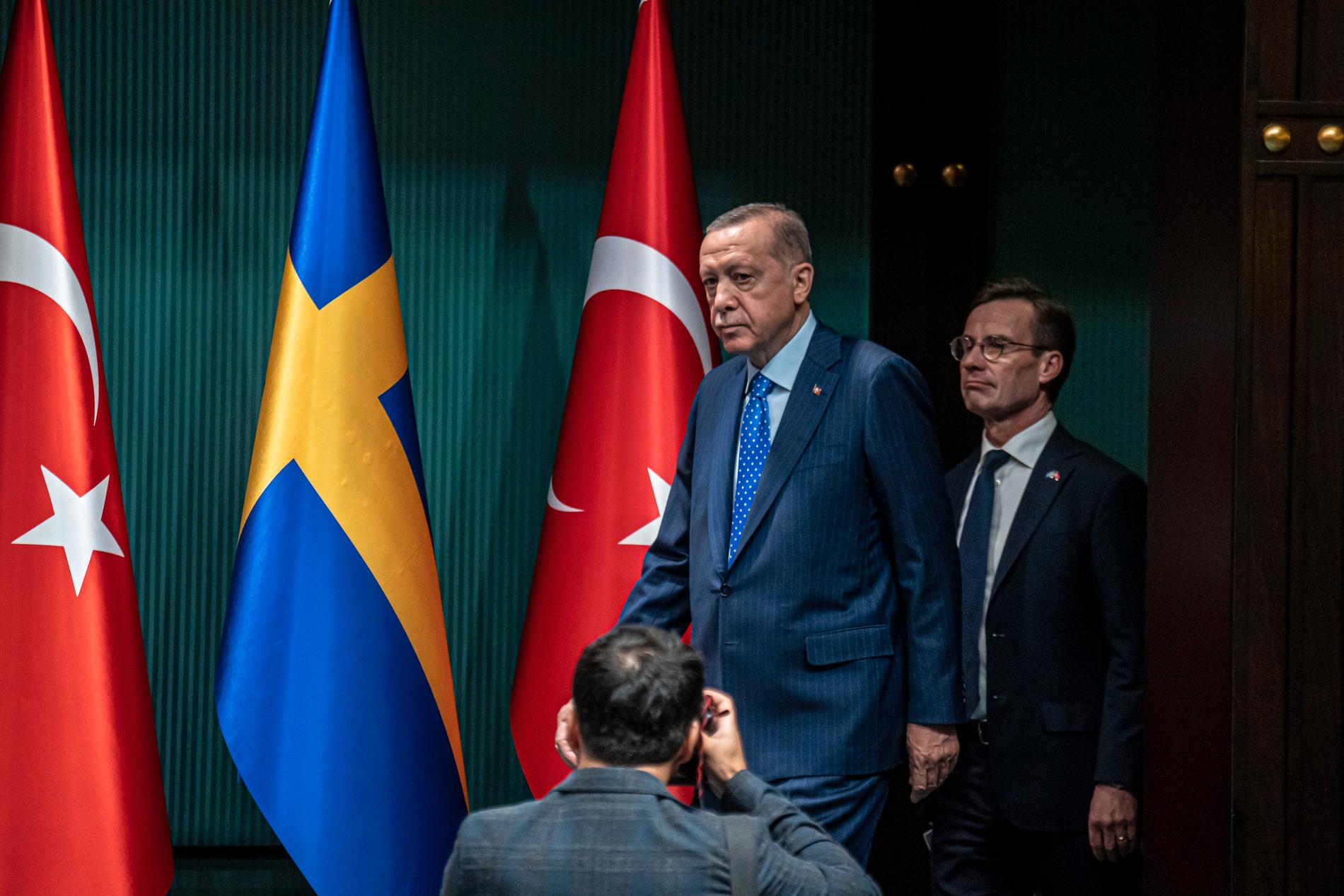 23 november 2022. Statsminister Ulf Kristersson (M) och Turkiets president Erdogan håller en gemensam pressträff efter förhandlingarna om Sveriges inträde i Nato.