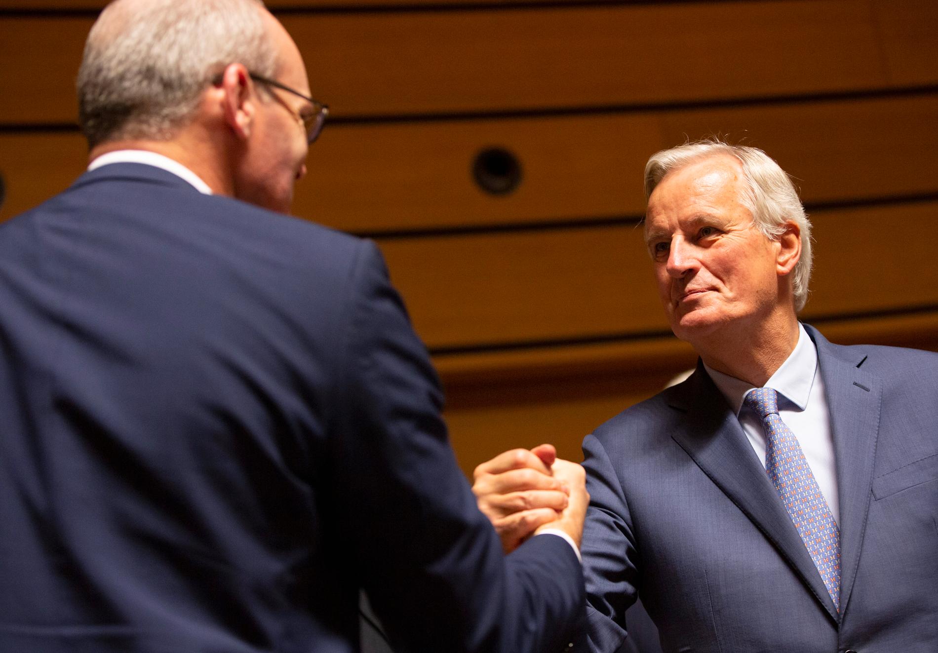 EU:s brexitförhandlare Michel Barnier (till höger) skakar hand med Irlands utrikesminister Simon Coveney på tisdagens EU-möte i Luxemburg.