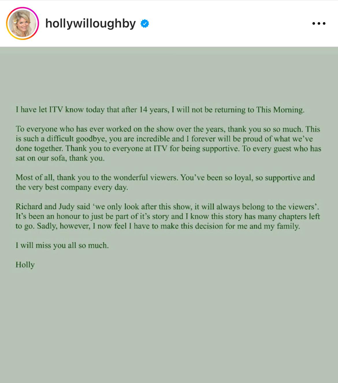 Holly Willoughbys första ord: ”Lämnar för min familj”.