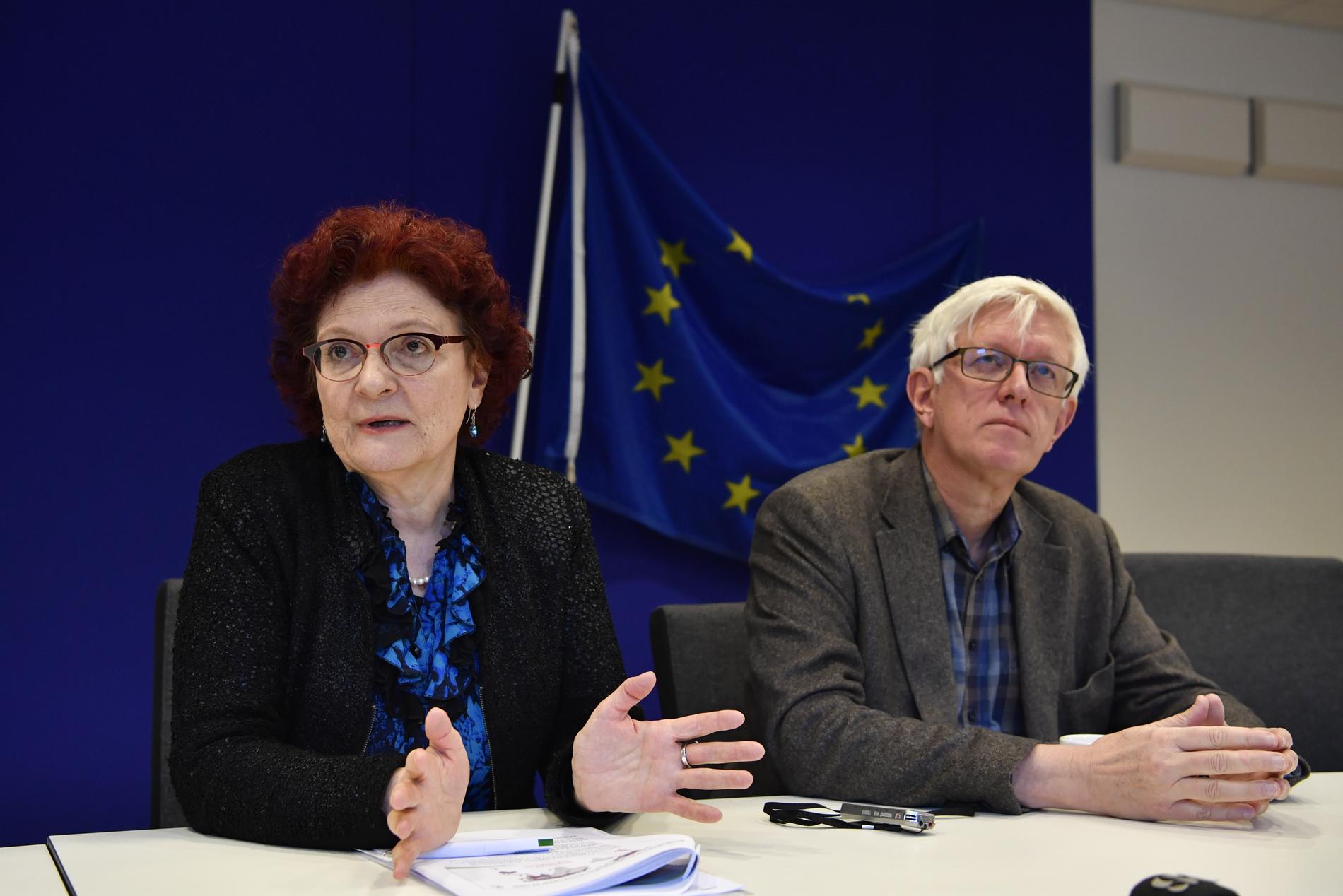 Andrea Ammon, generaldirektör för EU:s smittskyddsmyndighet, och Johan Carlsson, generaldirektör för Folkhälsomyndigheten, under onsdagens seminarium om hur coronavirusutbrottet påverkar Europa och Sverige.