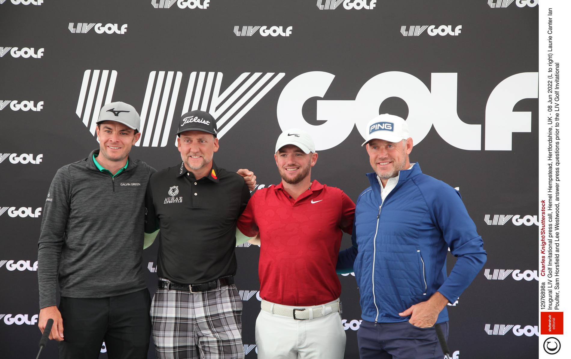 Golfspelarna Laurie Canter, Ian Poulter, Sam Horsfield och Lee Westwood möter pressen inför premiären av LIV Golf.