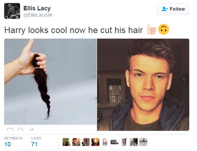 ”Harrys” nya frisyr Harry klippte sig men utan att visa resultat för världens alla fans. Friseringen fick den luriga penispumpförsäljare och X Factor-aspiranten Ellis Lacy att skoja till det. Lacy faceswappade sitt ansikte med Harrys
