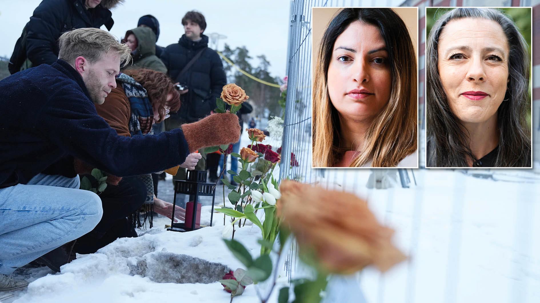 Människor lägger ner blommor vid arbetsplatsen där fem personer dog i en hisslycka. Vänsterpartiet har fem förslag som är avgörande för att vända utvecklingen med dödsolyckorna på jobbet, skriver Nooshi Dadgostar och Ciczie Weidby.