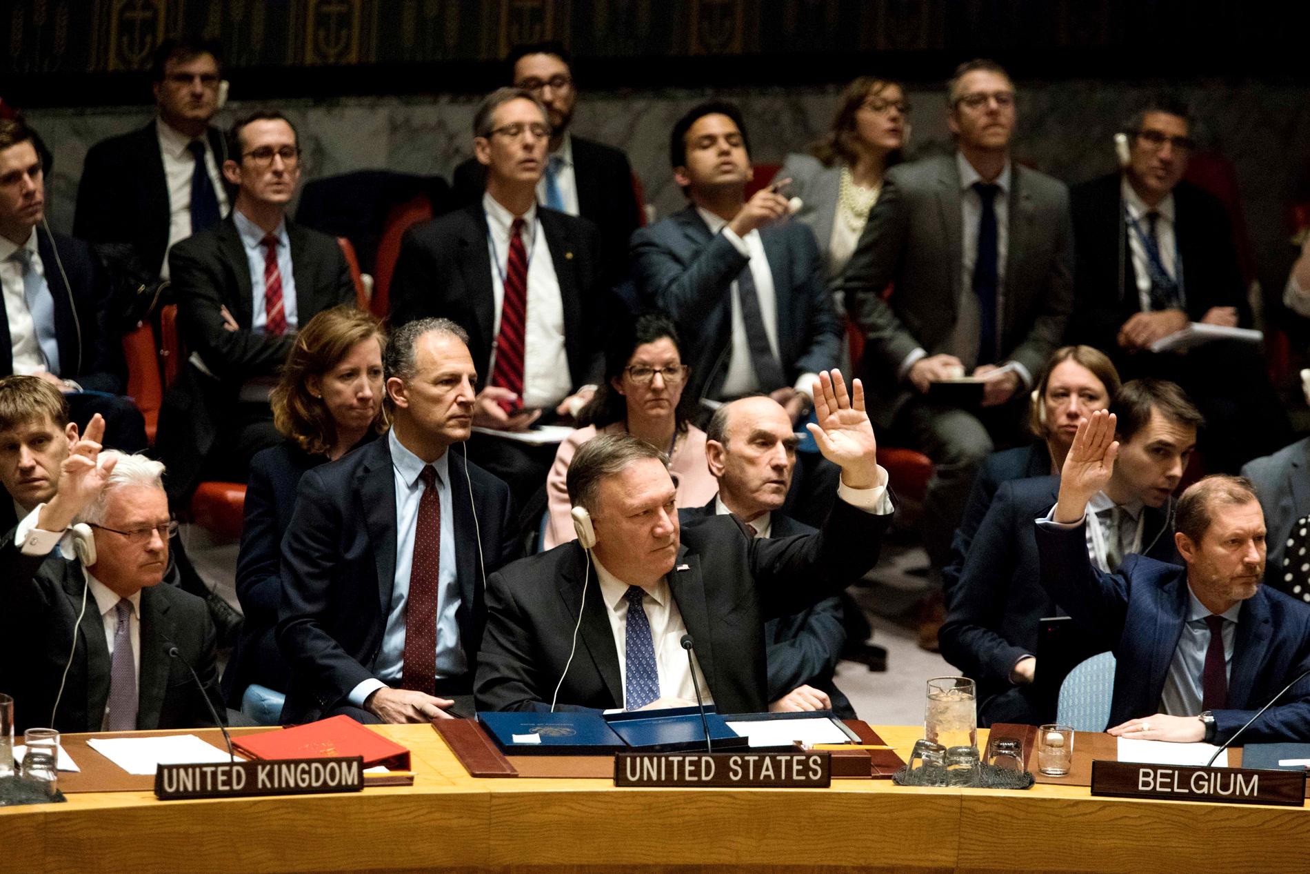 USA:s utrikesminister Mike Pompeo (mitten) fick inte säkerhetsrådet att gå på deras linje för Venezuela.