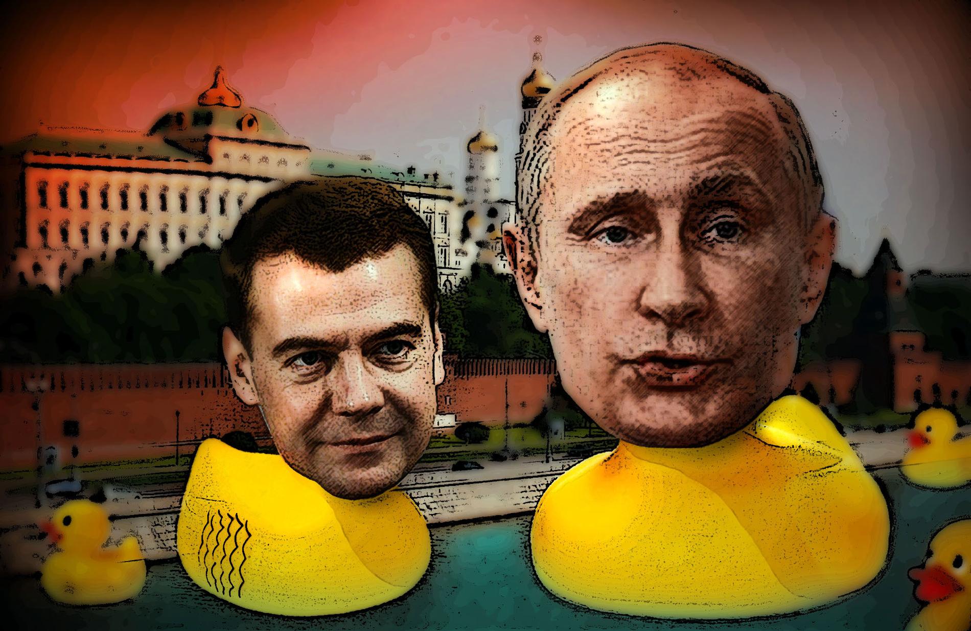 Premiärminister Medvedev byggde ett hus åt sina ankor. Sedan dess har badankan använts för att symbolisera korruption inom det ryska parlamentet.  Illustration:  Paul Wallander