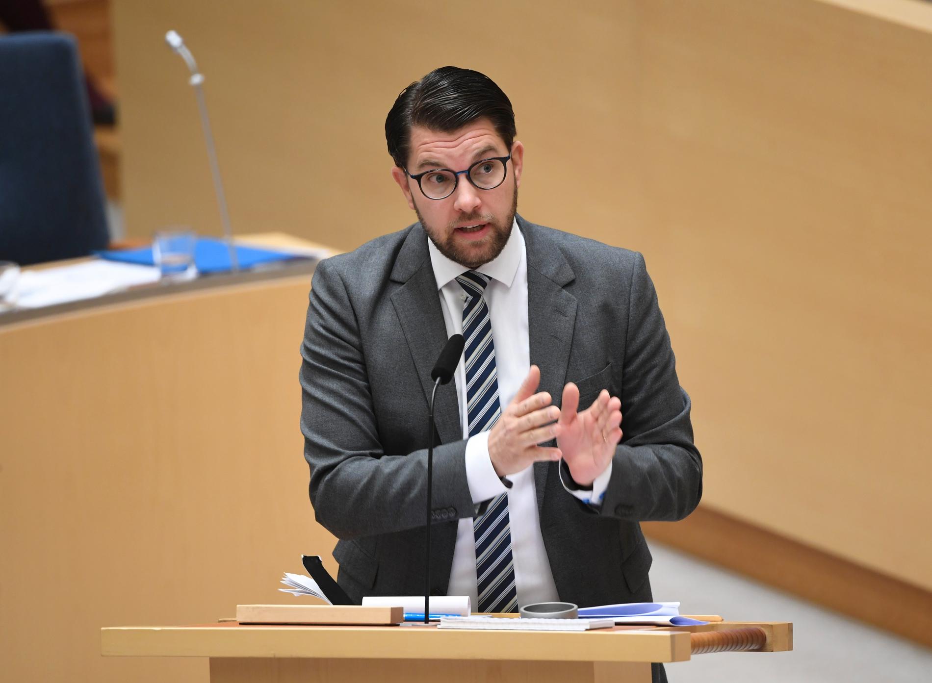 Jimmie Åkesson (SD) vill väcka misstroende mot justitieminister Morgan Johansson i riksdagen. Arkivbild.