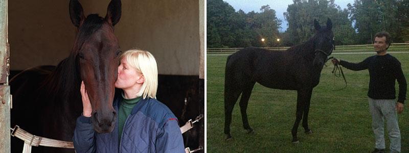 Till vänster; Carola och Ina Scot 1995 då hästen vann Prix d'Amérique. Till höger: Ina Scot tillsammans med Lutfi Kolgjini på hans gård.