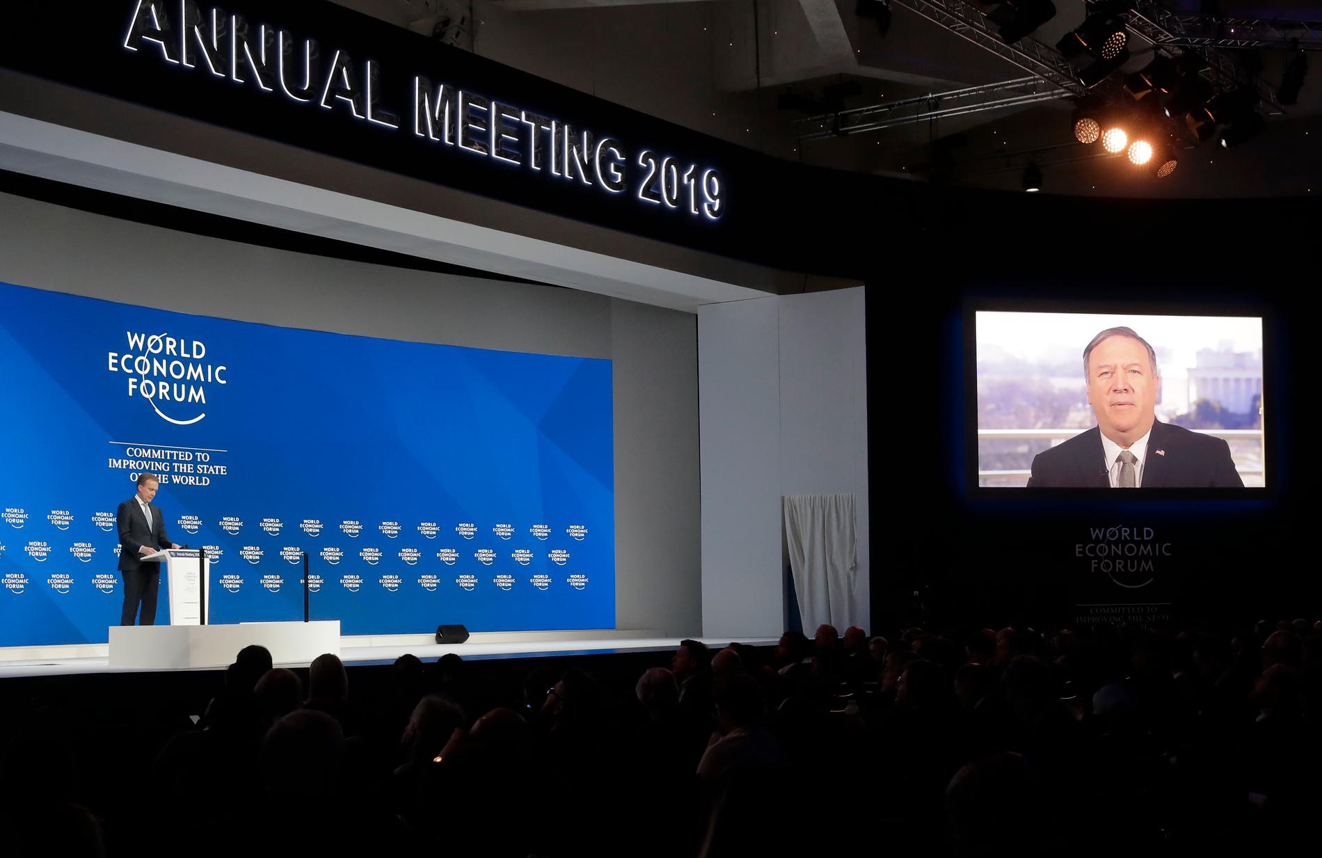 USA:s utrikesminister Mike Pompeo deltog via videolänk vid världsekonomiskt forum i Davos.