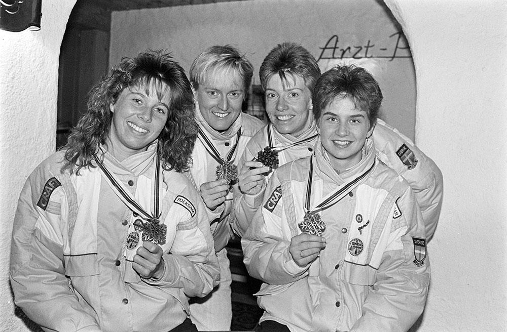 Medaljer i damstafetten genom tiderna VM 1987 i Oberstdorf, Magdalena Wallin, Karin Lamberg-Skog, Annika Dahlman, Marie-Helene Westin tog brons.
