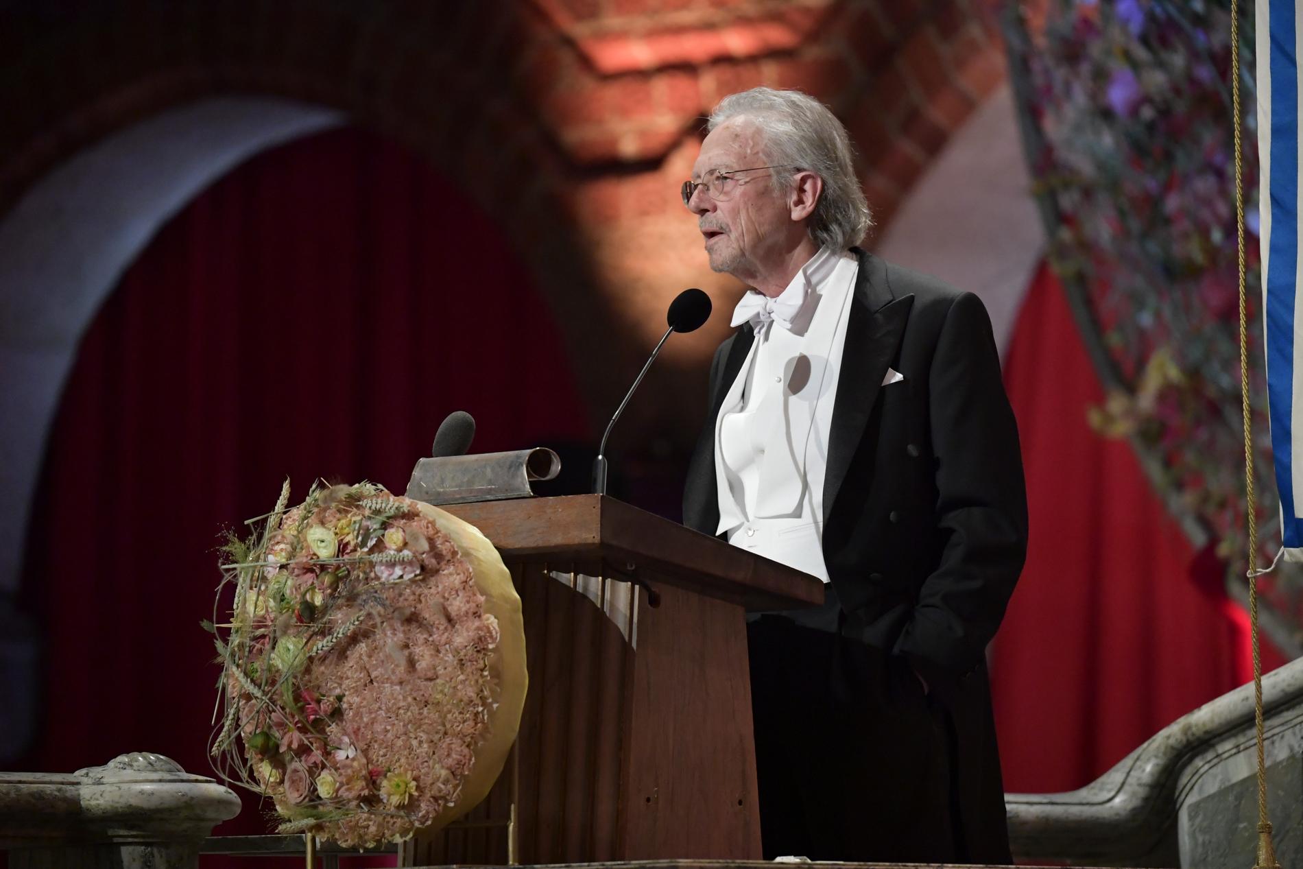 Peter Handke, Nobelpristagare i litteratur, håller tacktal under Nobelbanketten i Stockholms stadshus.
