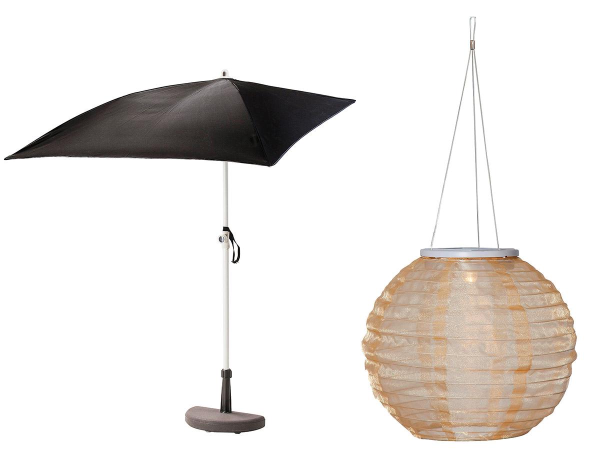 Parasollet Flisö för mindre utrymmen,  199 kr, med smart fot Bramsön, 249 kr, Ikea. Ricie  solcells- lykta,  129 kr, Jotex.