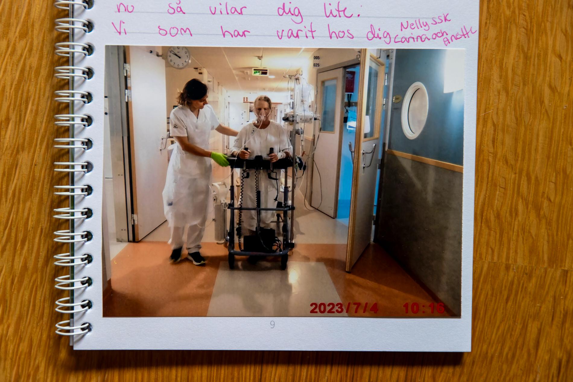 Bild ur sjukhusdagboken, när Lillemor börjar återhämta sig. Den första tiden på sjukhuset ligger hon i respirator.